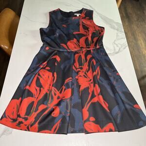 CB Established 1962 Dress Womens 14 Fit Flare Sleeveless Red Blue Black Floral